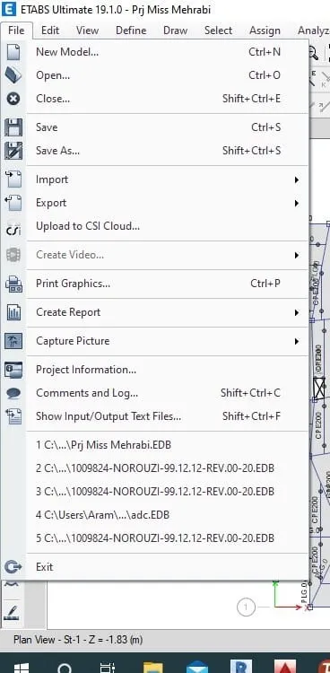 منوی File در ETABS