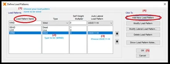 تعریف الگوهای بار باد (Load Patterns)