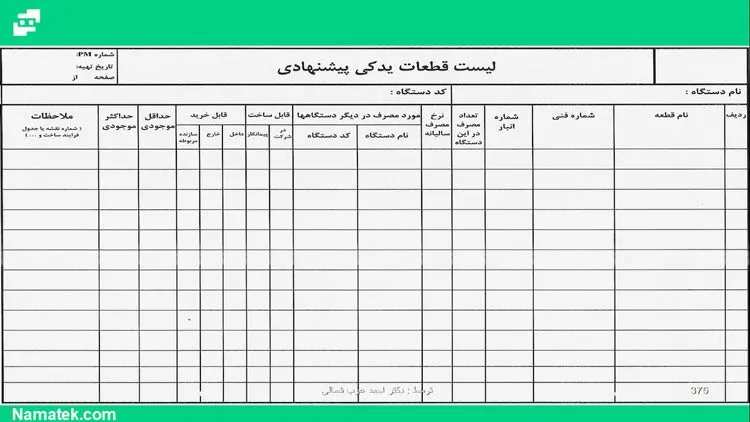 فرم لیست قطعات یدکی پیشنهادی واحد تعمیرات و نگهداری