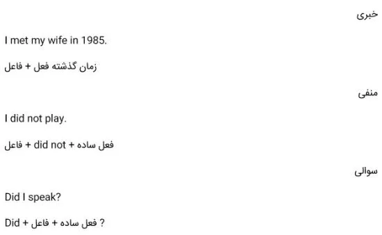 ساختار زمان افعال انگلیسی گذشته ساده